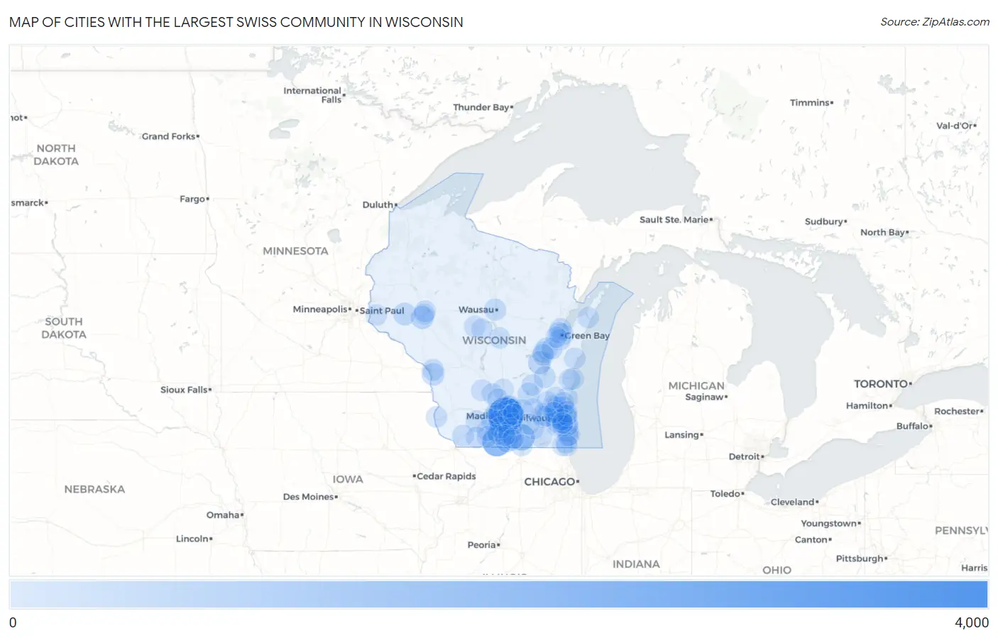 Cities with the Largest Swiss Community in Wisconsin Map