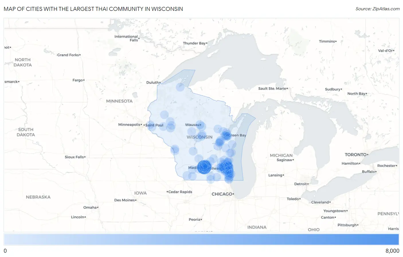 Cities with the Largest Thai Community in Wisconsin Map