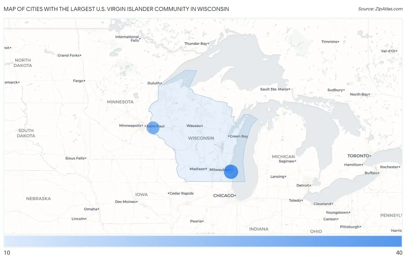 Cities with the Largest U.S. Virgin Islander Community in Wisconsin Map