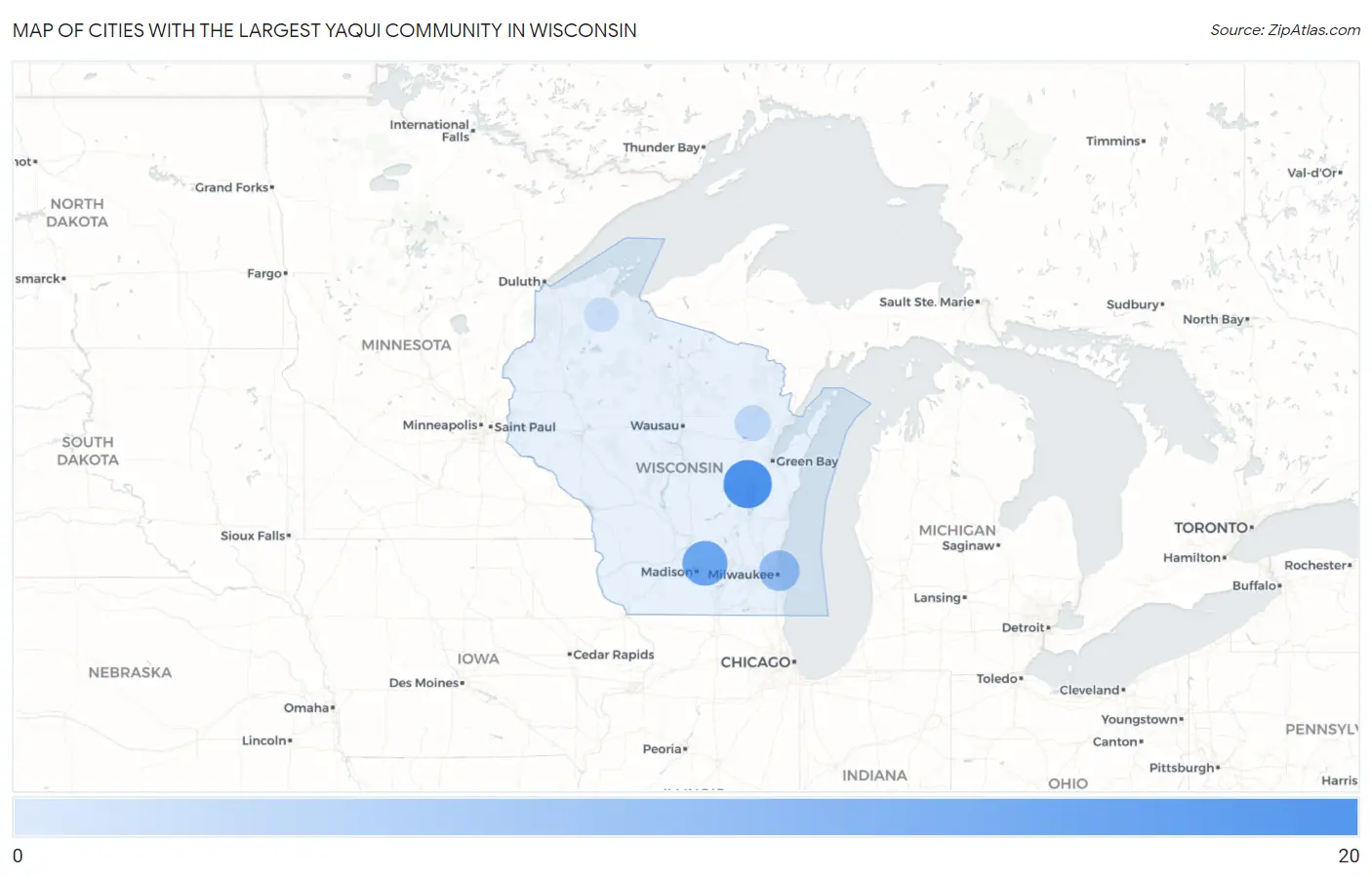 Cities with the Largest Yaqui Community in Wisconsin Map