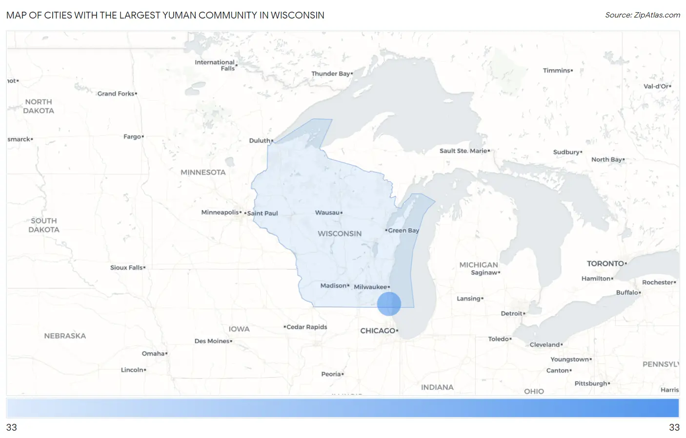 Cities with the Largest Yuman Community in Wisconsin Map