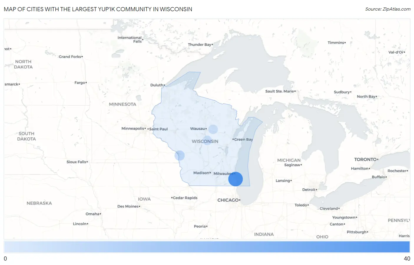 Cities with the Largest Yup'ik Community in Wisconsin Map