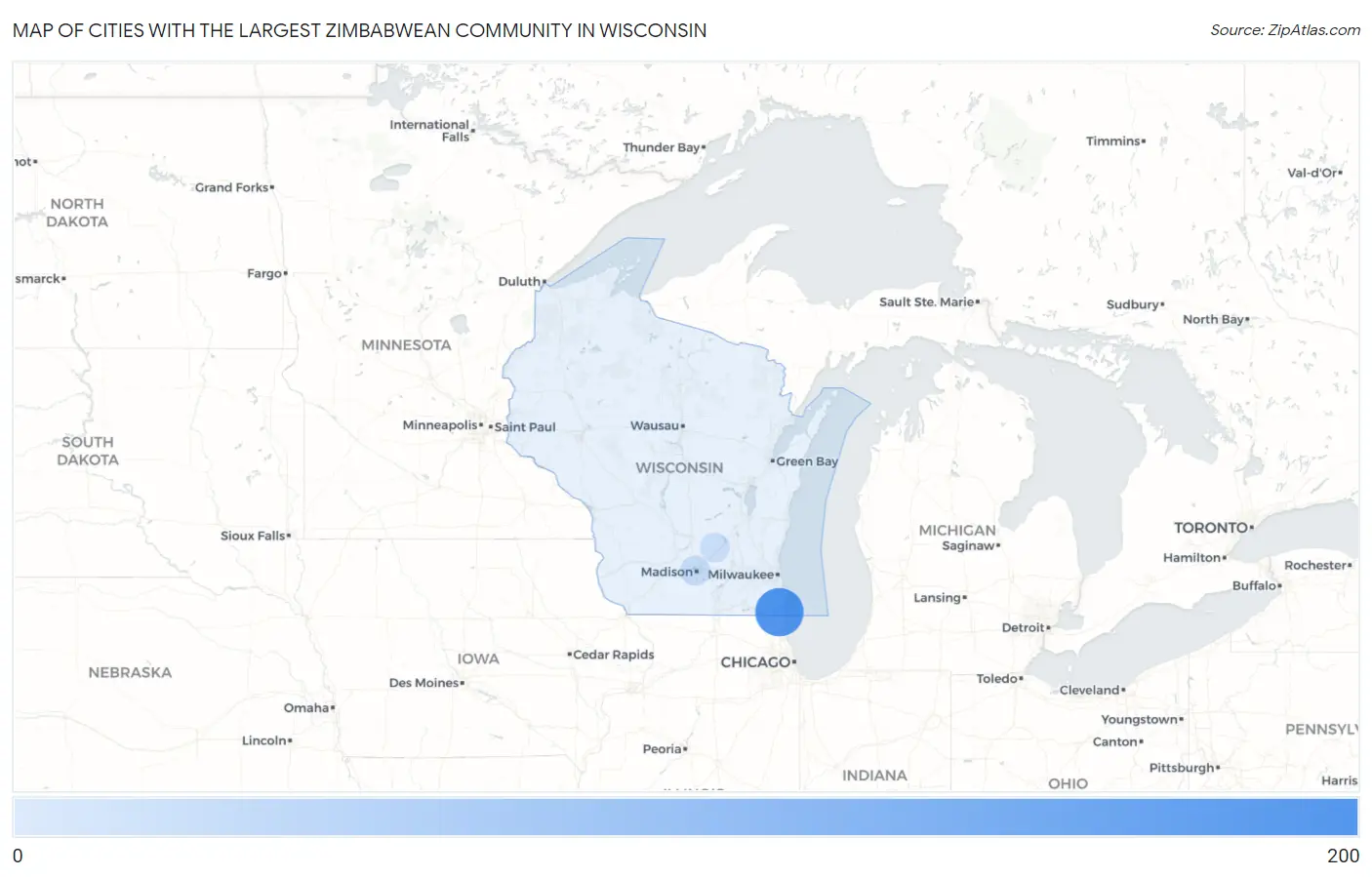 Cities with the Largest Zimbabwean Community in Wisconsin Map