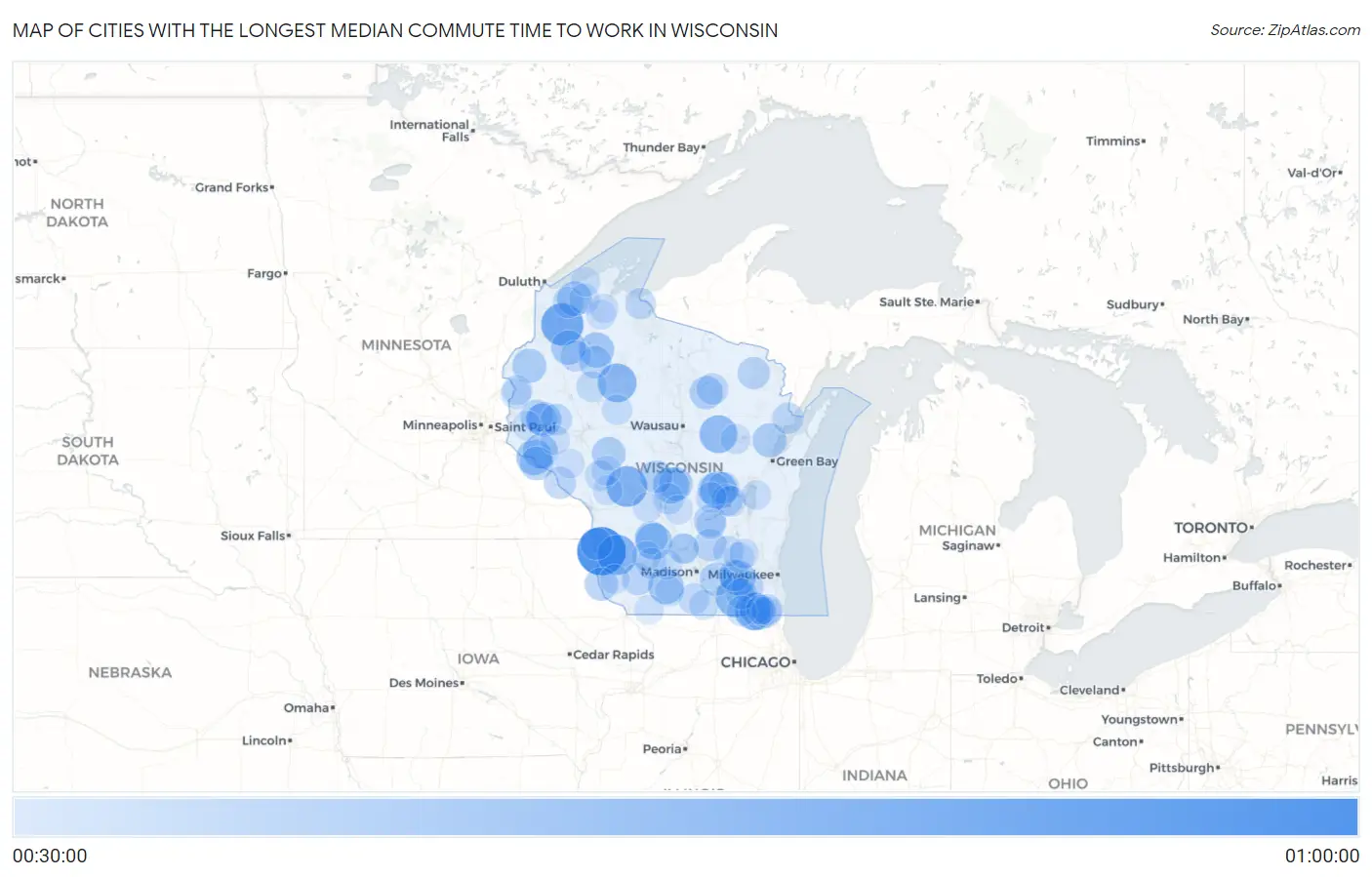 Cities with the Longest Median Commute Time to Work in Wisconsin Map