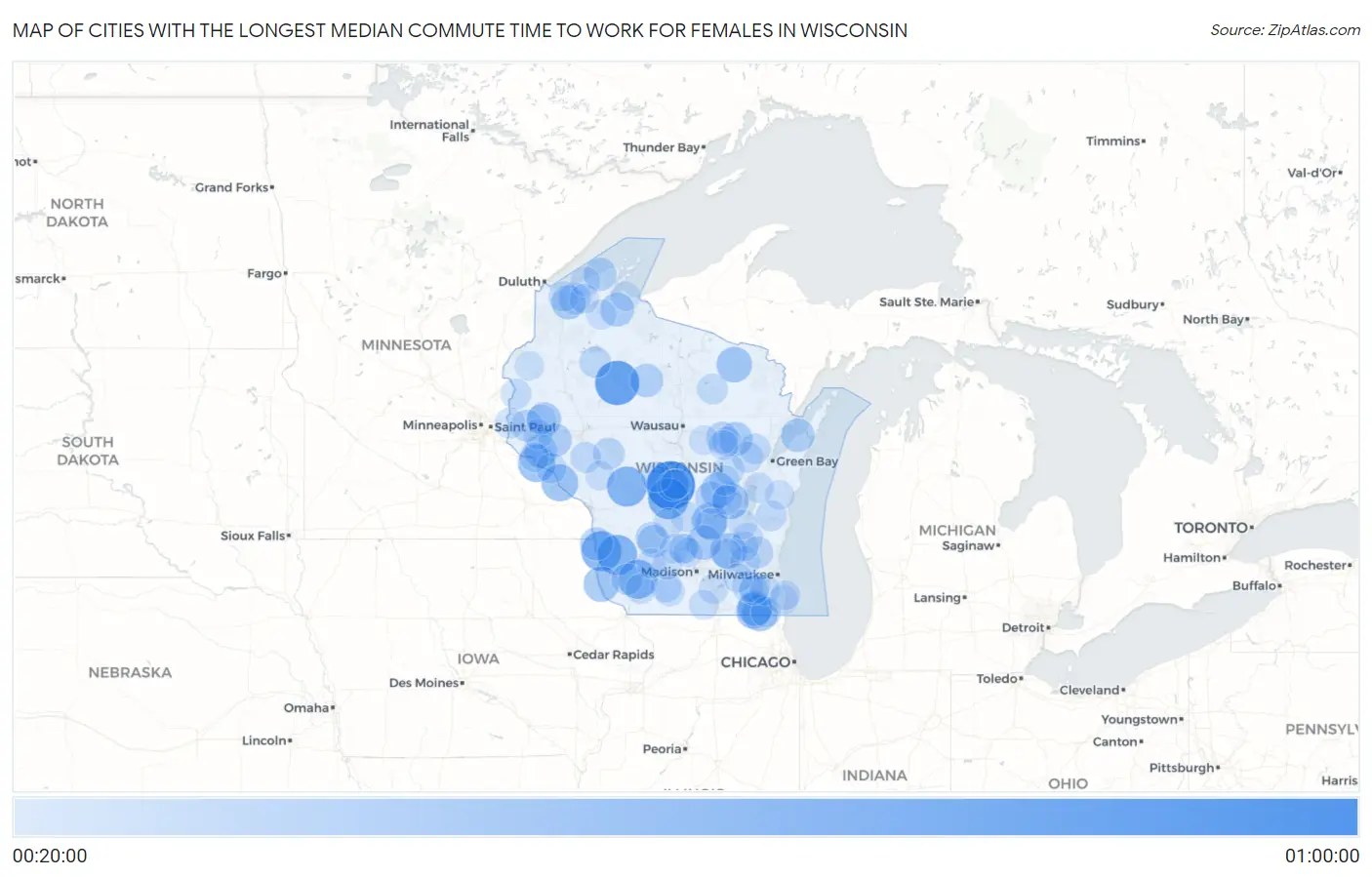 Cities with the Longest Median Commute Time to Work for Females in Wisconsin Map