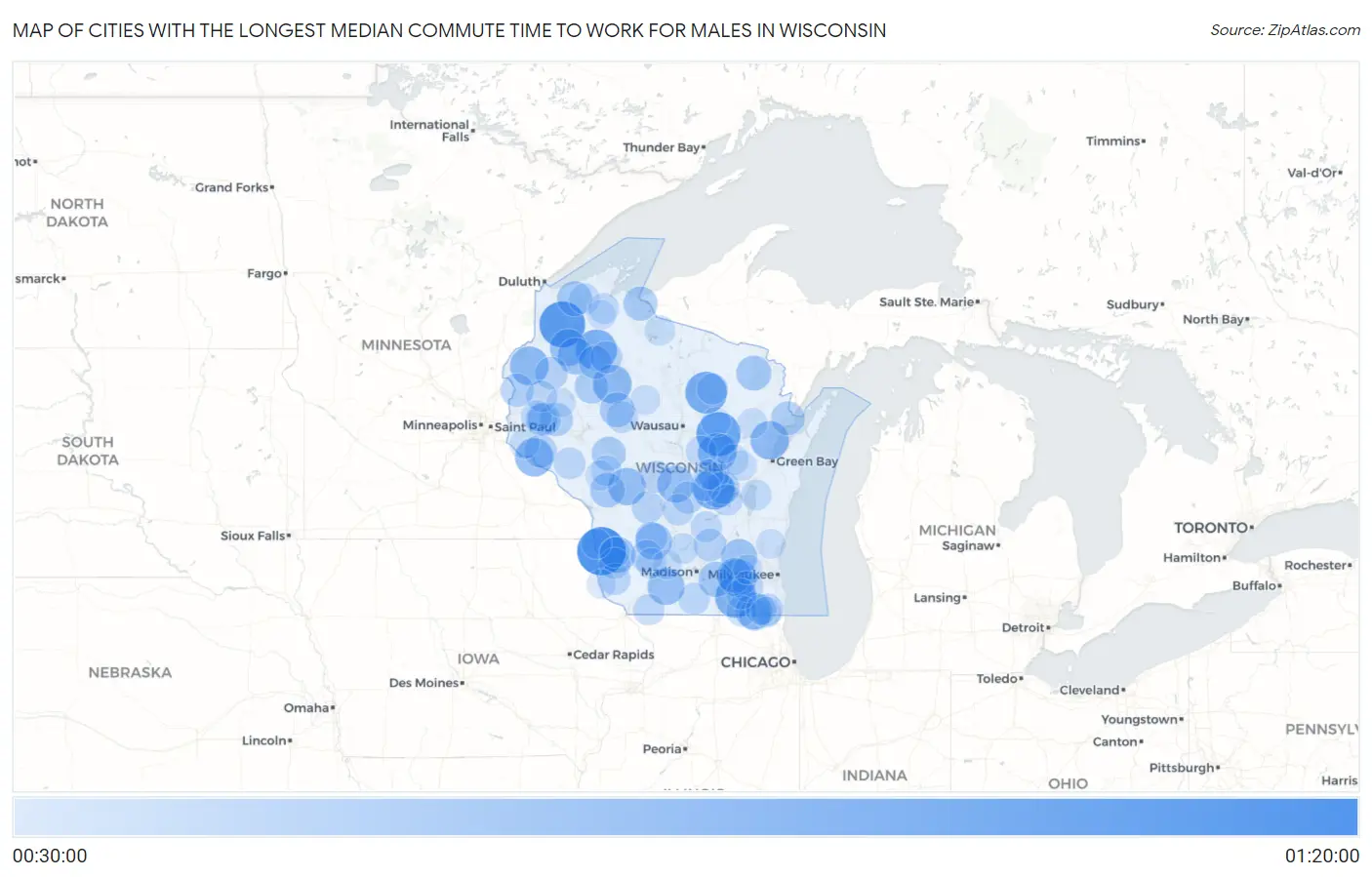 Cities with the Longest Median Commute Time to Work for Males in Wisconsin Map
