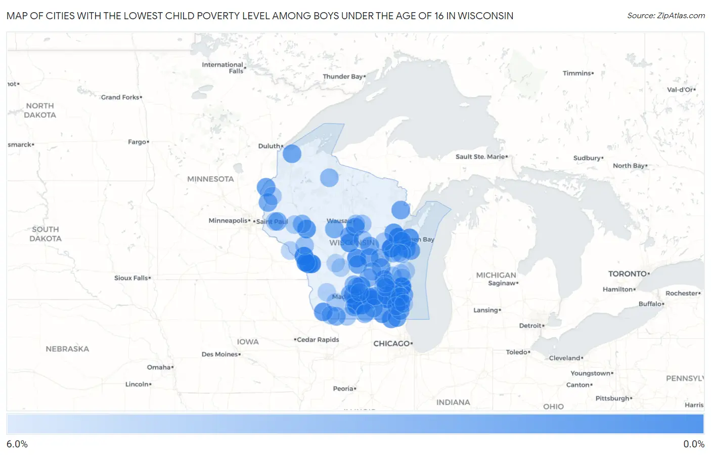 Cities with the Lowest Child Poverty Level Among Boys Under the Age of 16 in Wisconsin Map