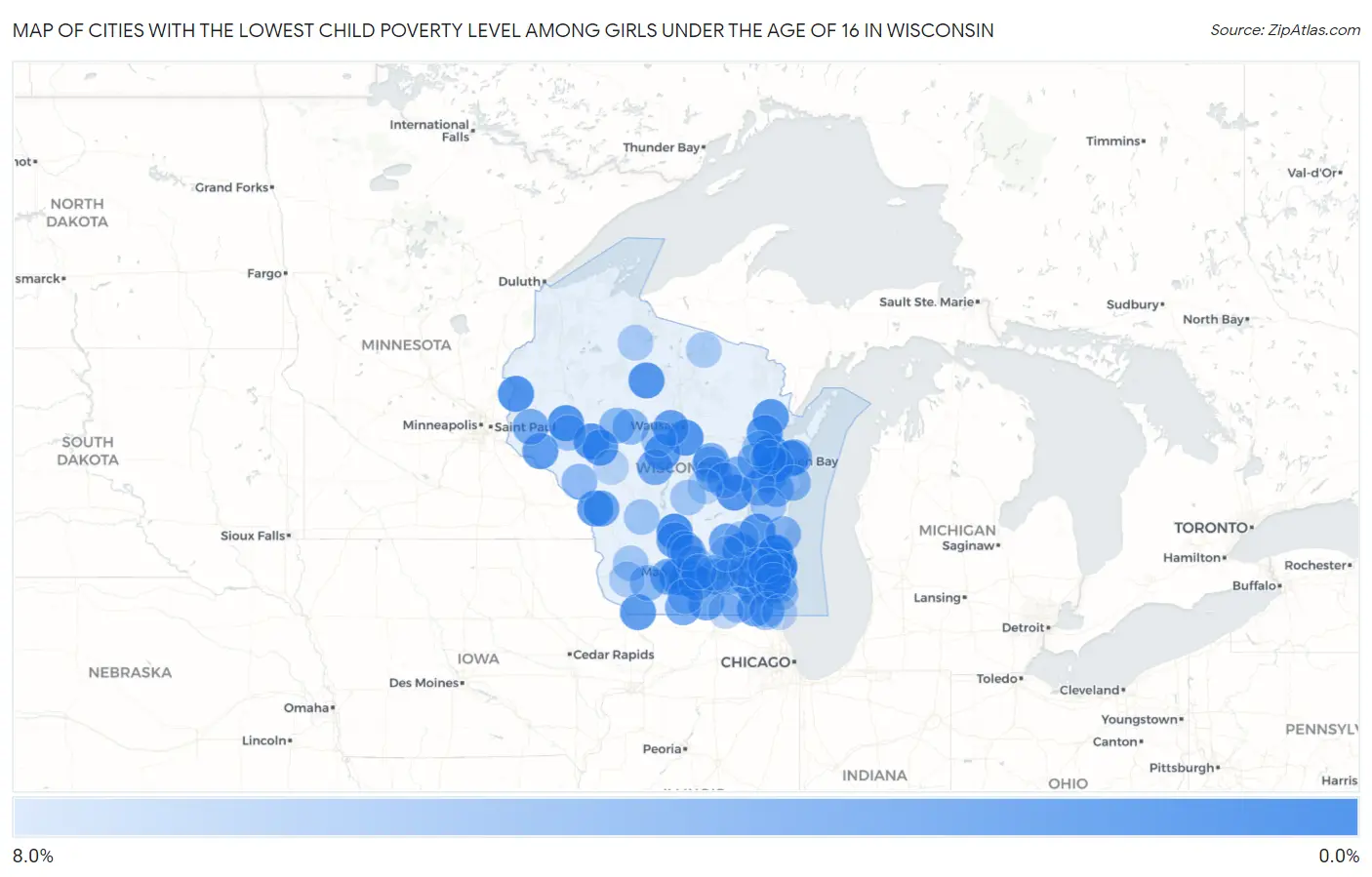 Cities with the Lowest Child Poverty Level Among Girls Under the Age of 16 in Wisconsin Map