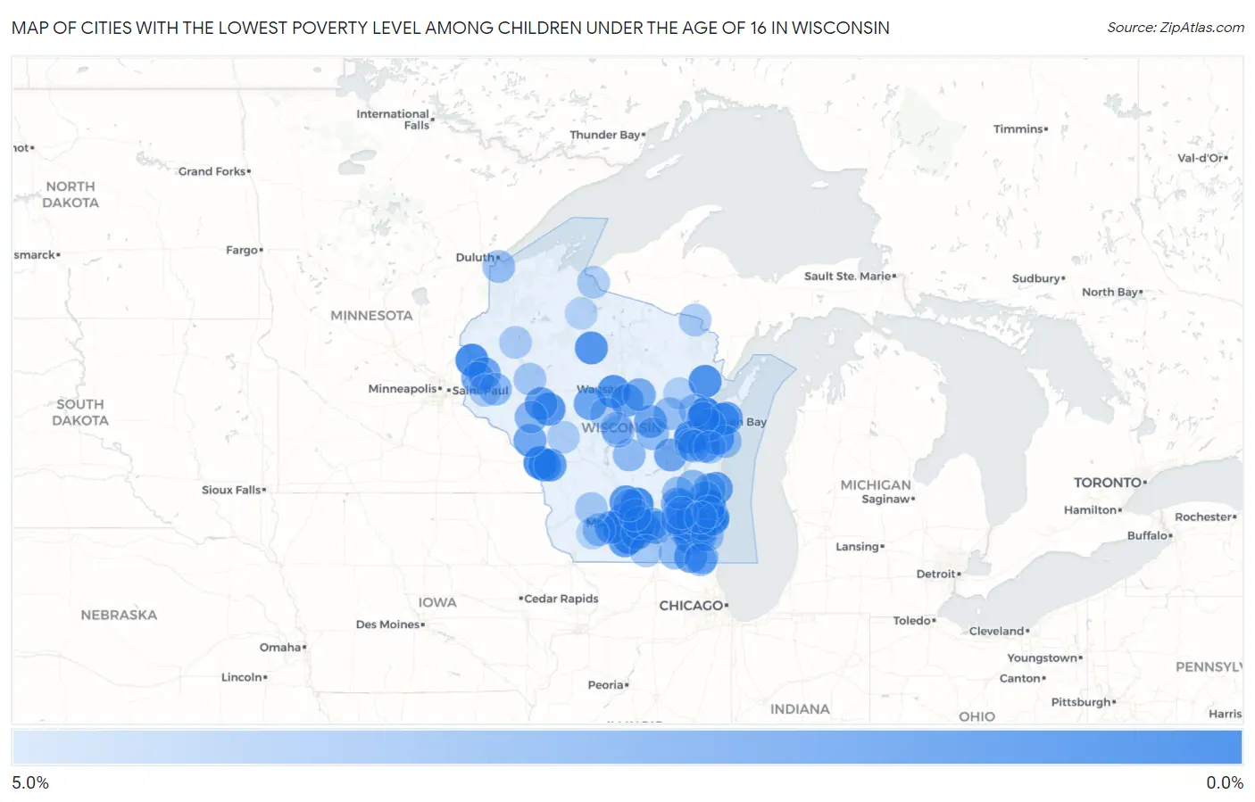 Cities with the Lowest Poverty Level Among Children Under the Age of 16 in Wisconsin Map