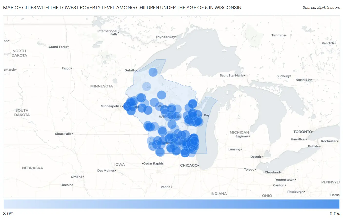 Cities with the Lowest Poverty Level Among Children Under the Age of 5 in Wisconsin Map