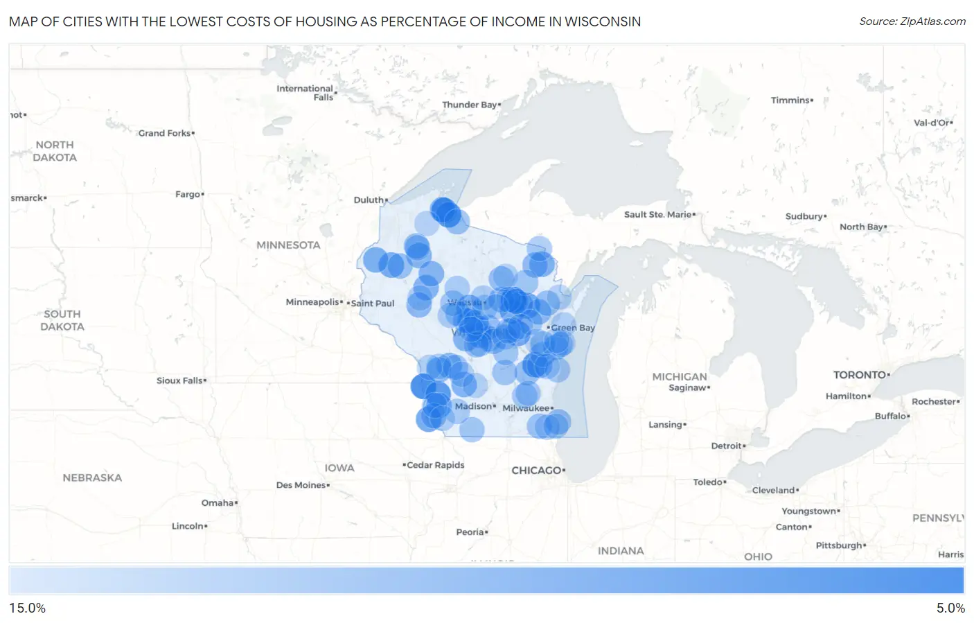 Cities with the Lowest Costs of Housing as Percentage of Income in Wisconsin Map
