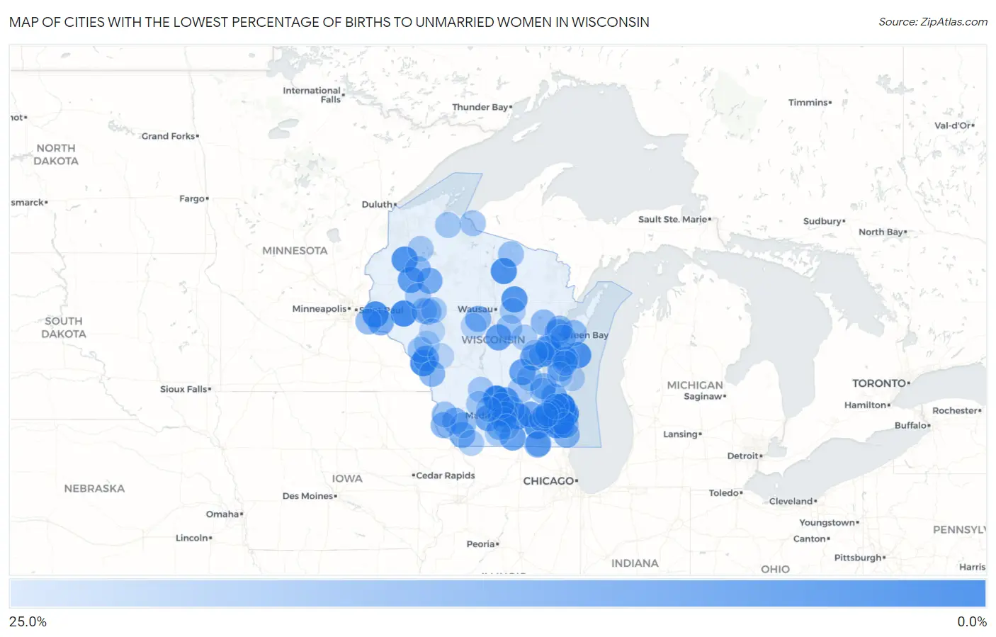 Cities with the Lowest Percentage of Births to Unmarried Women in Wisconsin Map