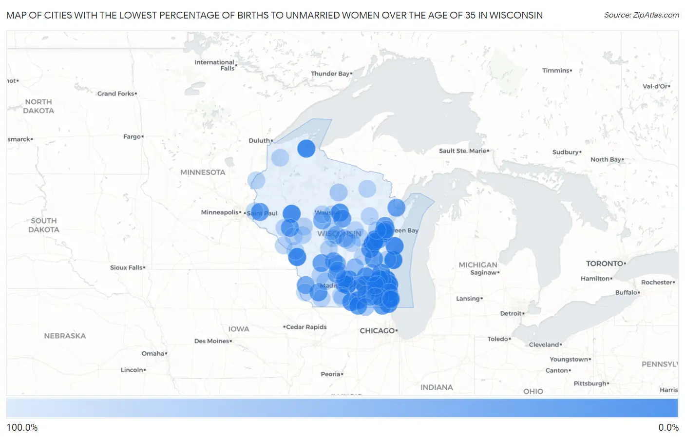 Cities with the Lowest Percentage of Births to Unmarried Women over the Age of 35 in Wisconsin Map