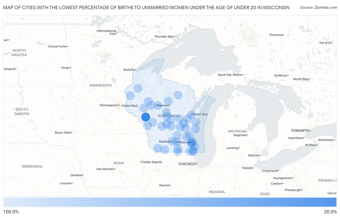 Cities with the Lowest Percentage of Births to Unmarried Women under the Age of under 20 in Wisconsin Map