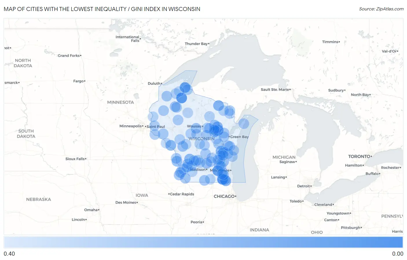 Cities with the Lowest Inequality / Gini Index in Wisconsin Map