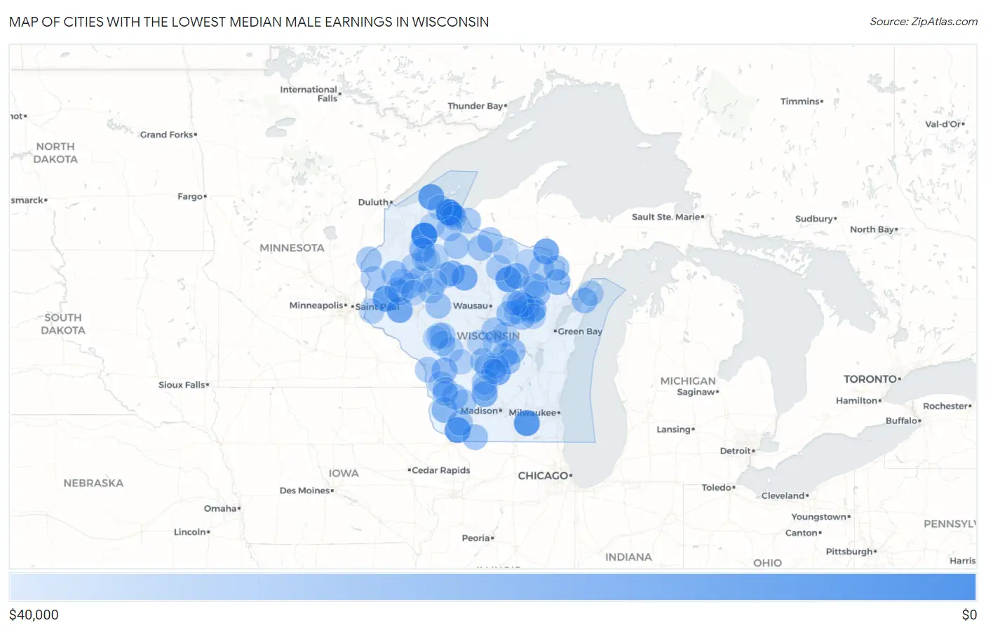 Cities with the Lowest Median Male Earnings in Wisconsin Map