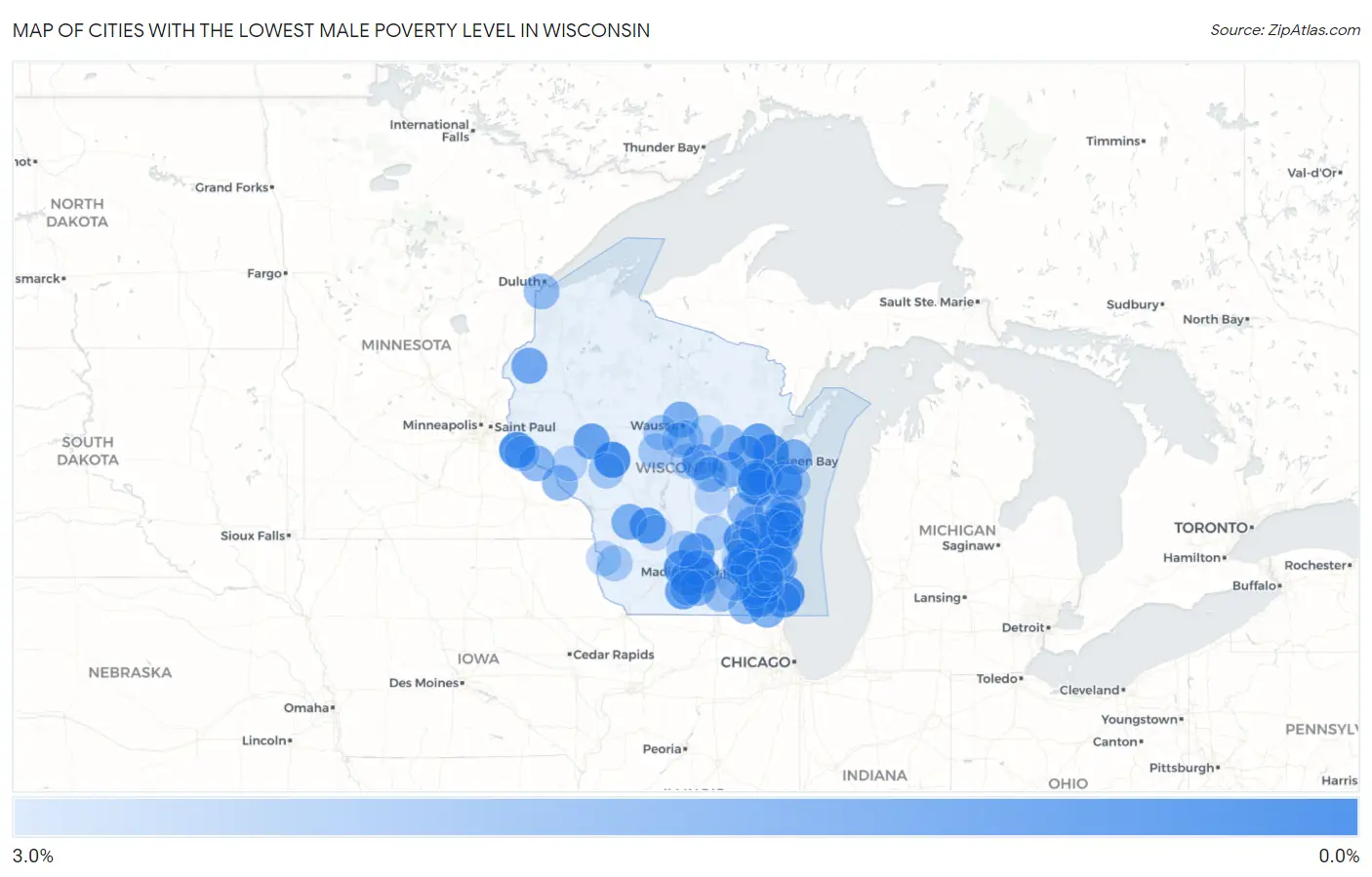 Cities with the Lowest Male Poverty Level in Wisconsin Map