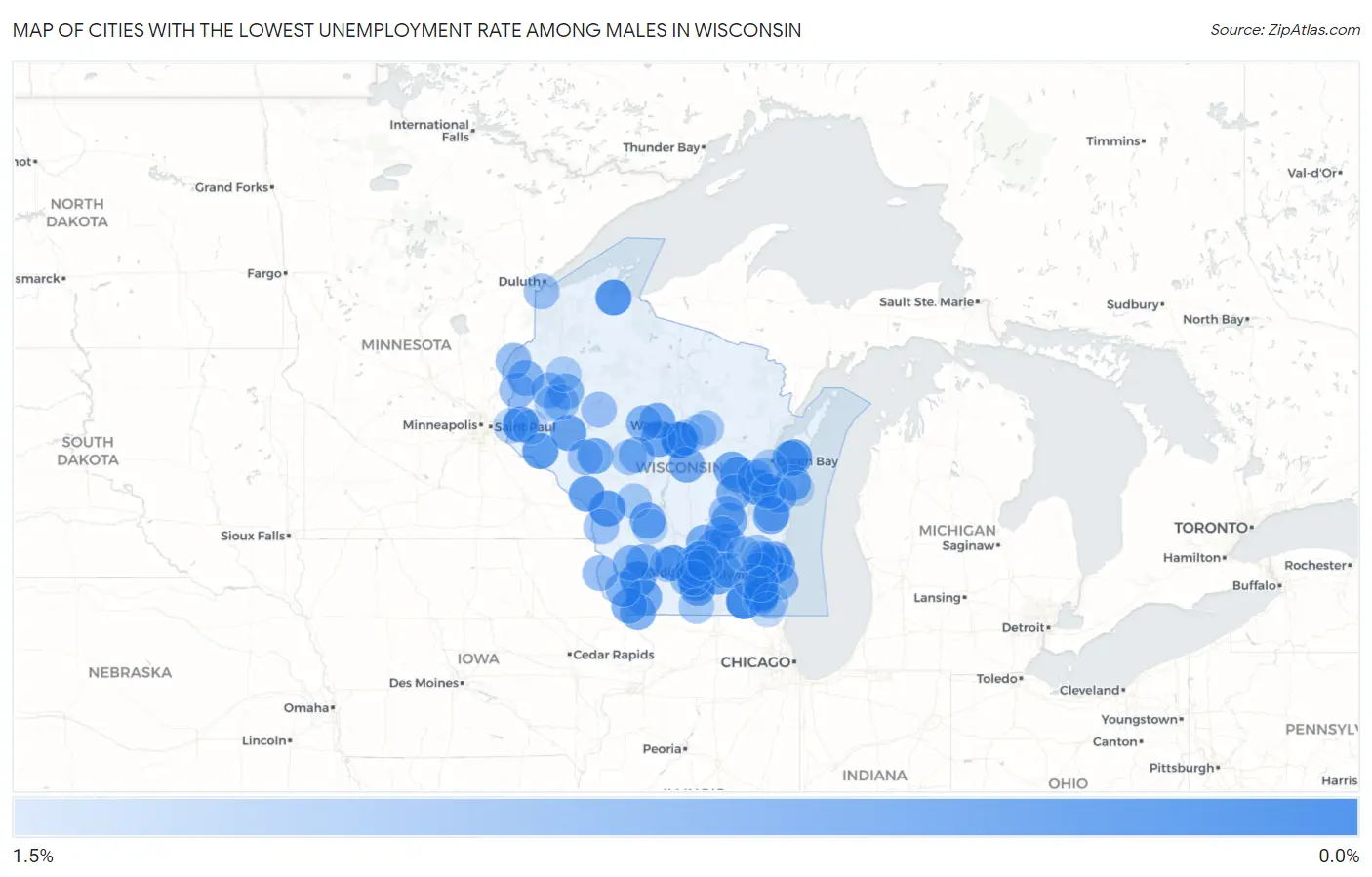 Cities with the Lowest Unemployment Rate Among Males in Wisconsin Map