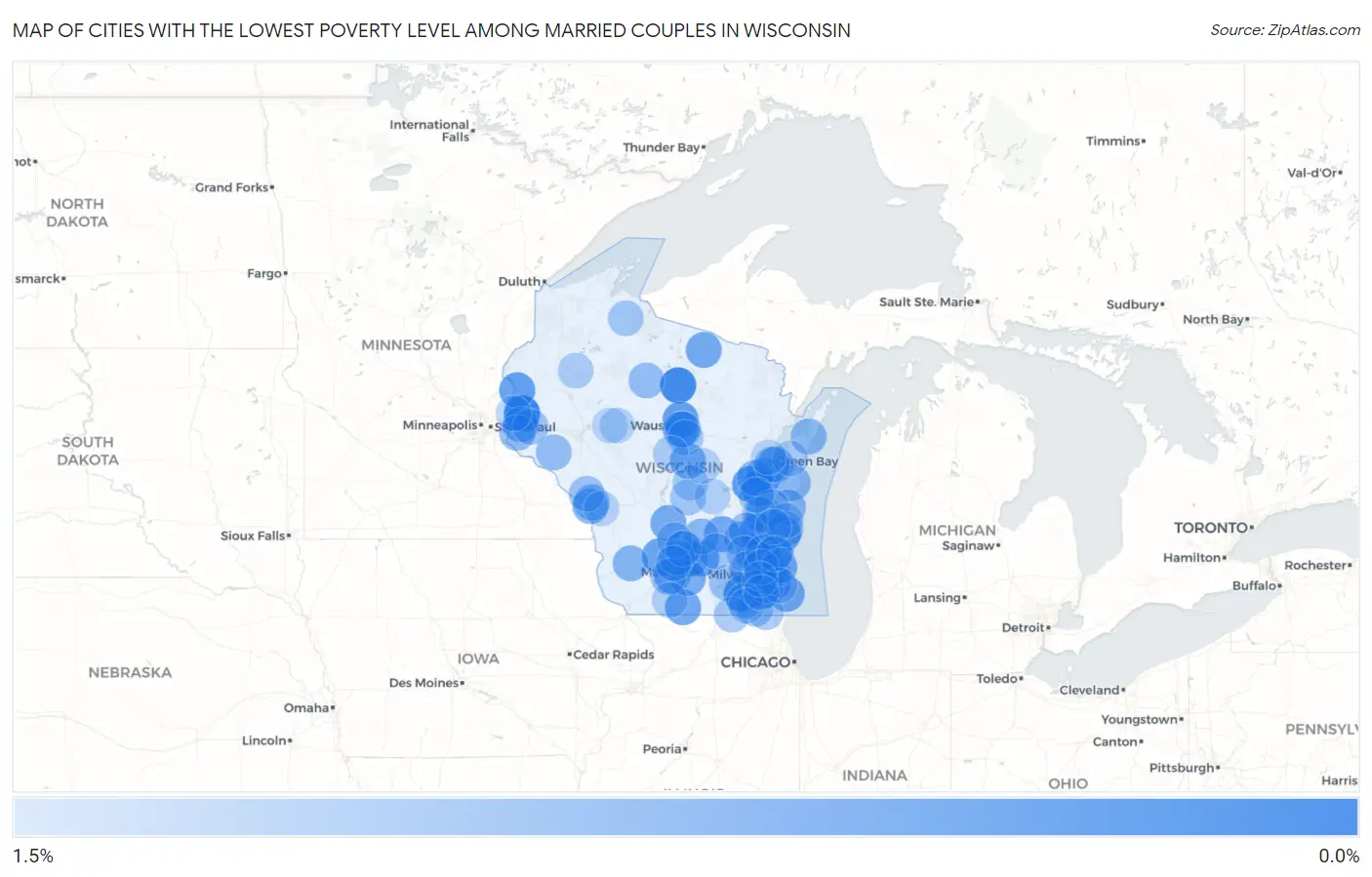 Cities with the Lowest Poverty Level Among Married Couples in Wisconsin Map
