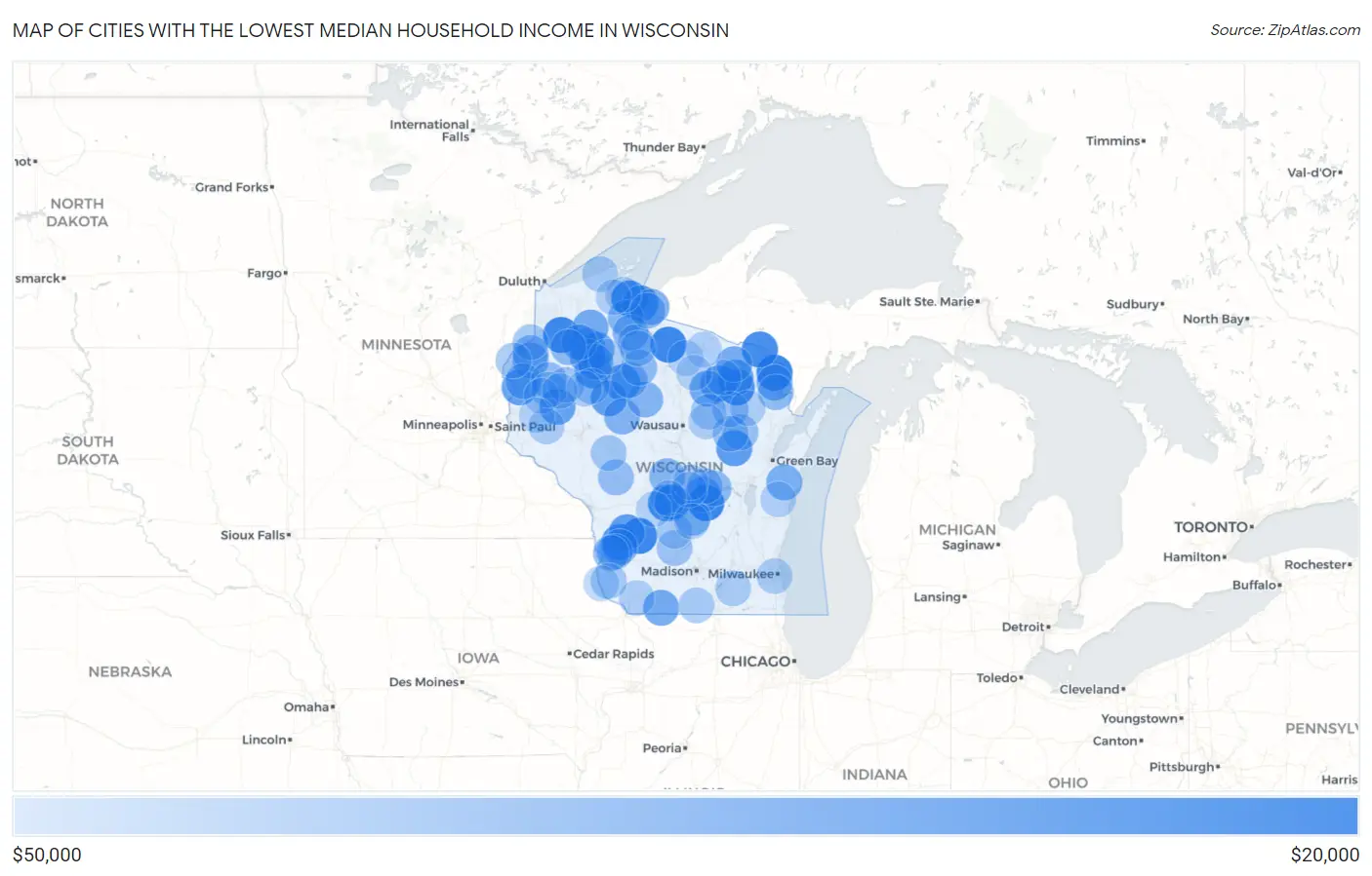 Cities with the Lowest Median Household Income in Wisconsin Map
