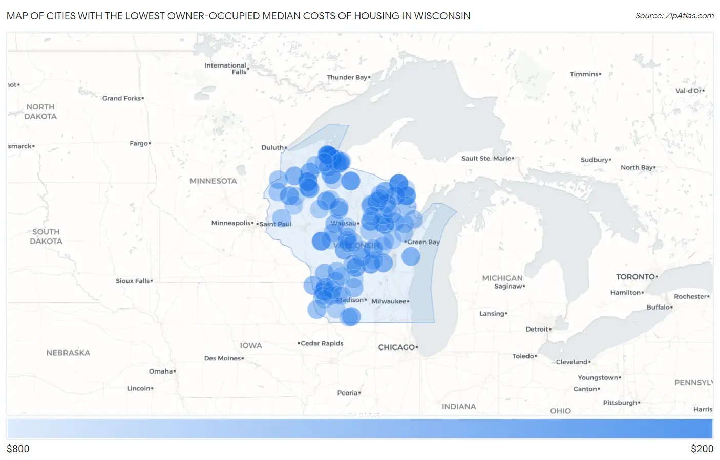 Cities with the Lowest Owner-Occupied Median Costs of Housing in Wisconsin Map