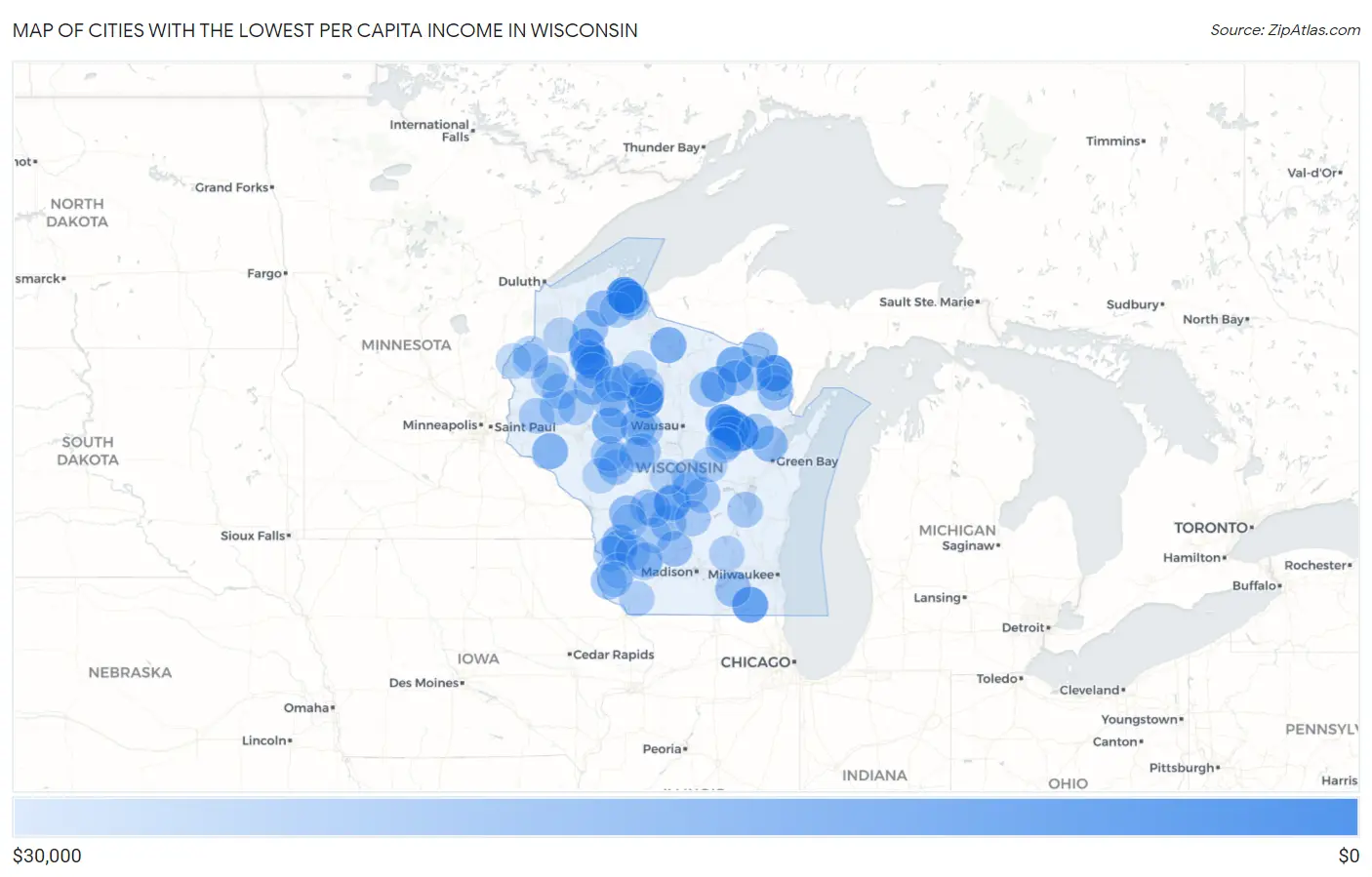 Cities with the Lowest Per Capita Income in Wisconsin Map