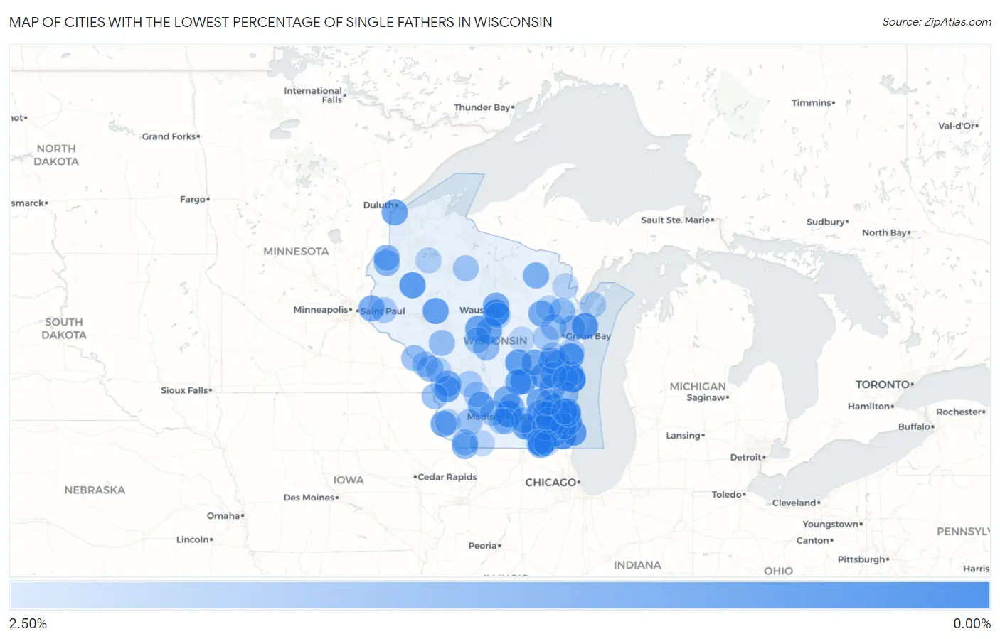Cities with the Lowest Percentage of Single Fathers in Wisconsin Map
