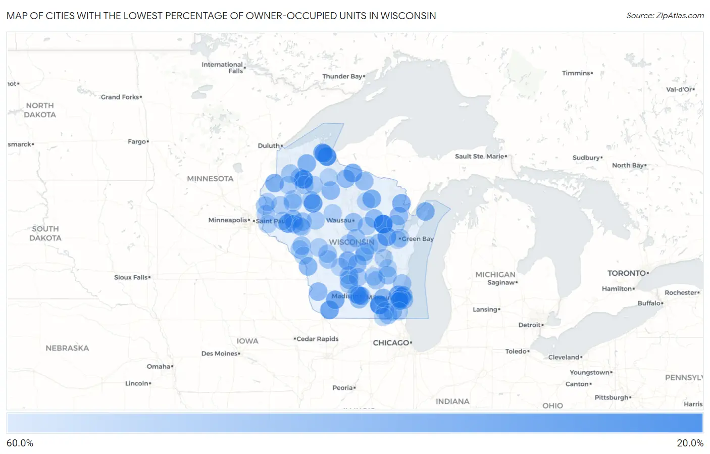 Cities with the Lowest Percentage of Owner-Occupied Units in Wisconsin Map