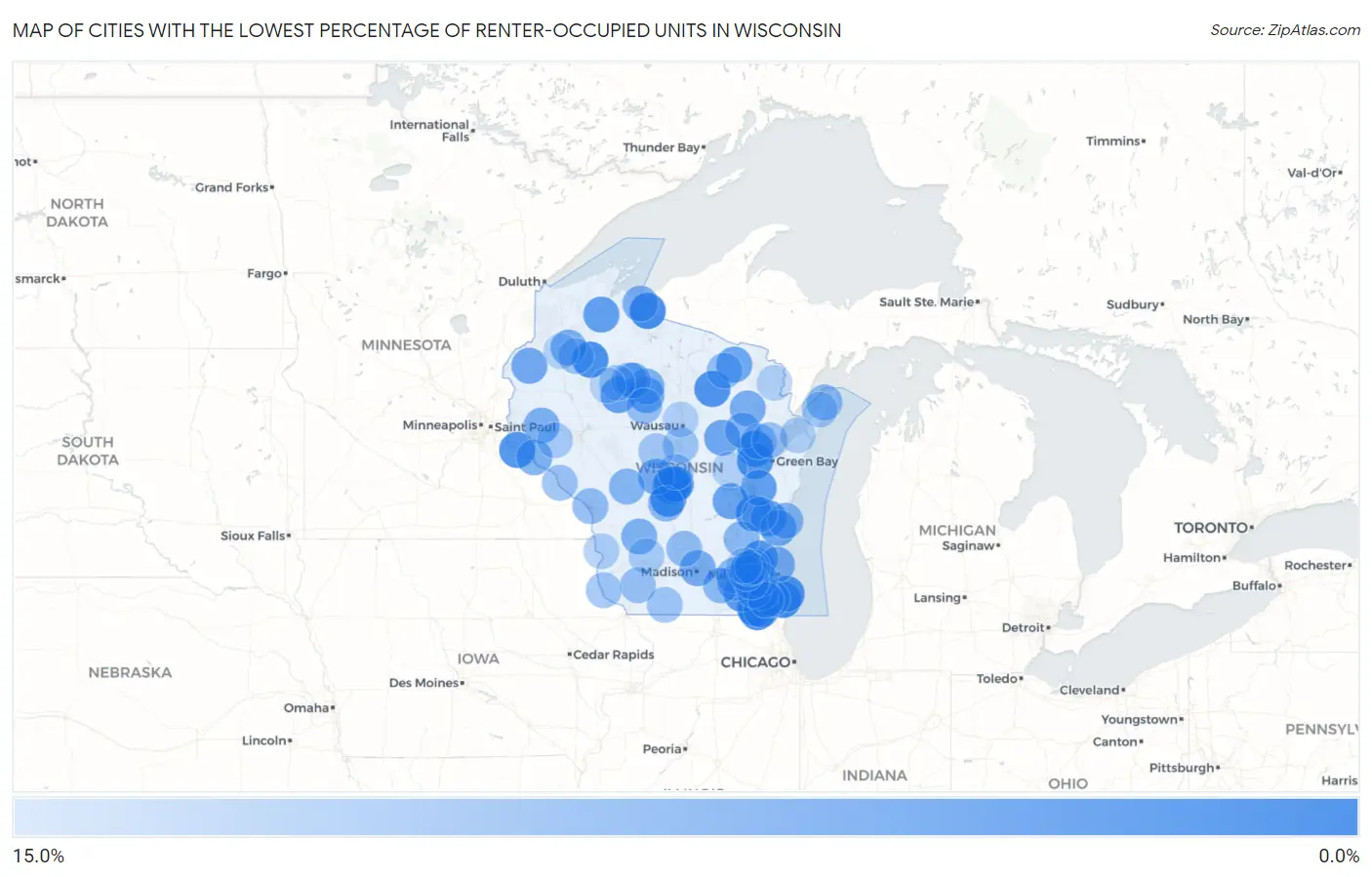 Cities with the Lowest Percentage of Renter-Occupied Units in Wisconsin Map