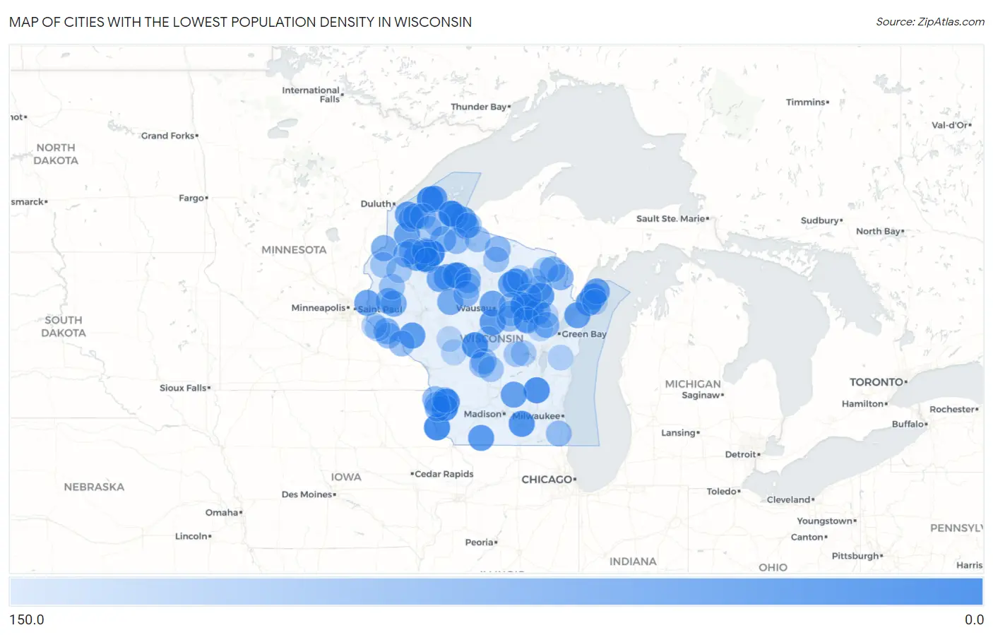 Cities with the Lowest Population Density in Wisconsin Map