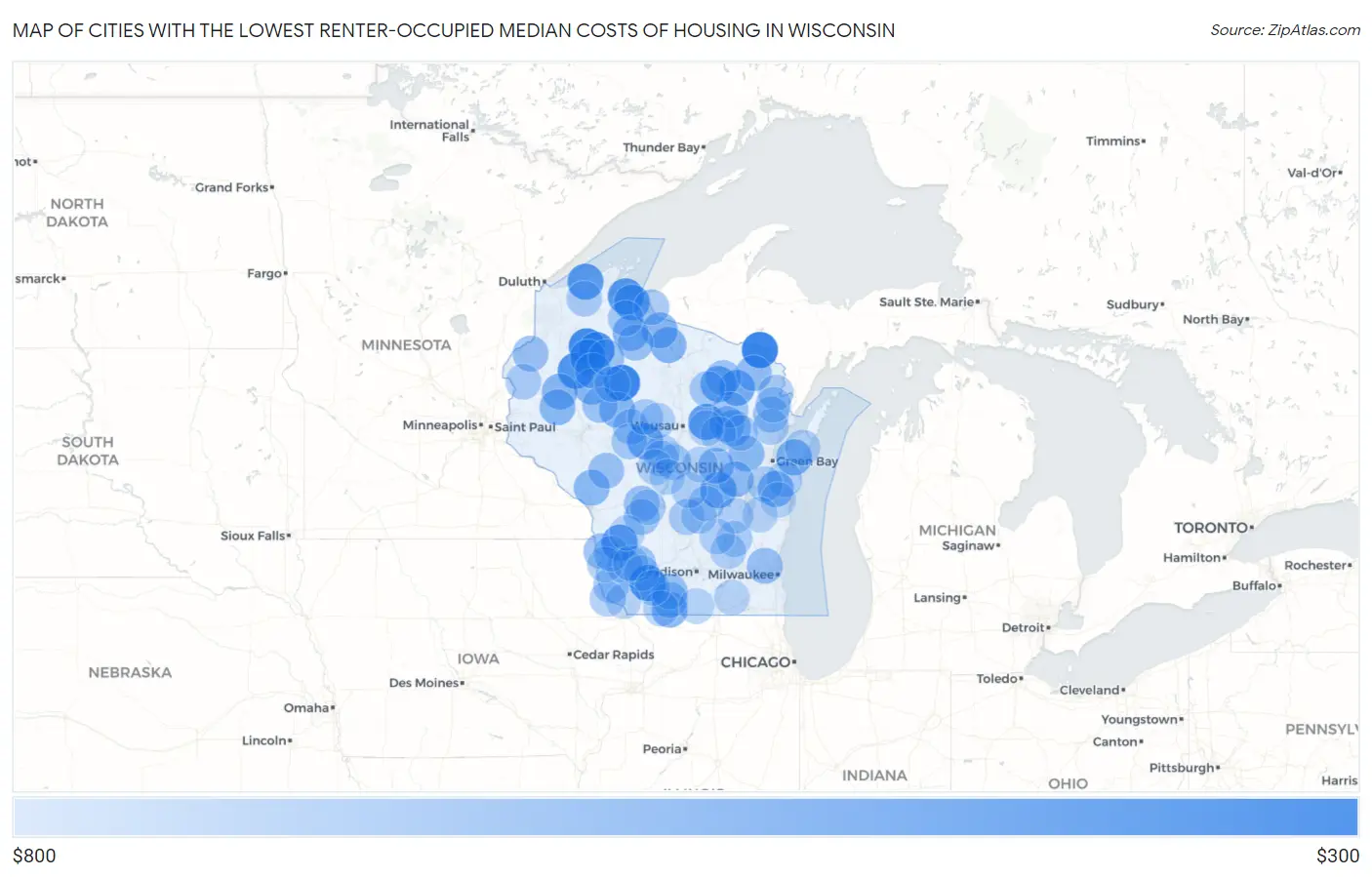 Cities with the Lowest Renter-Occupied Median Costs of Housing in Wisconsin Map