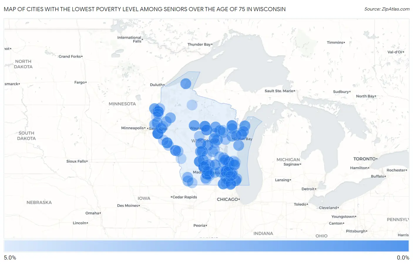 Cities with the Lowest Poverty Level Among Seniors Over the Age of 75 in Wisconsin Map