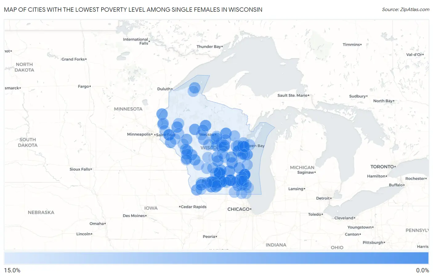 Cities with the Lowest Poverty Level Among Single Females in Wisconsin Map