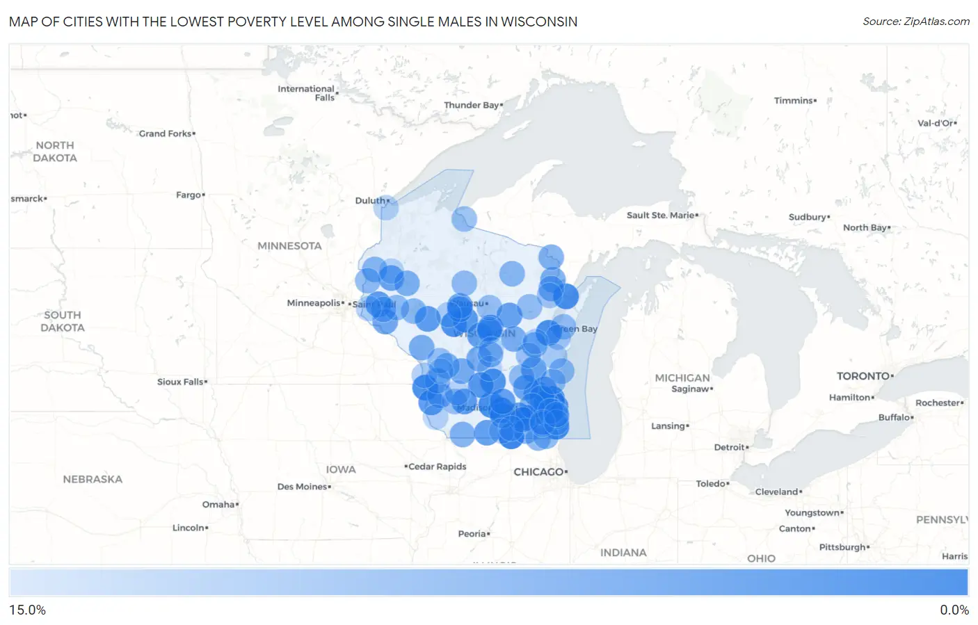 Cities with the Lowest Poverty Level Among Single Males in Wisconsin Map