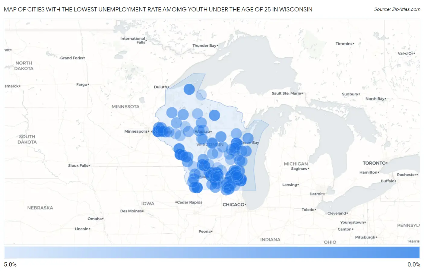 Cities with the Lowest Unemployment Rate Amomg Youth Under the Age of 25 in Wisconsin Map