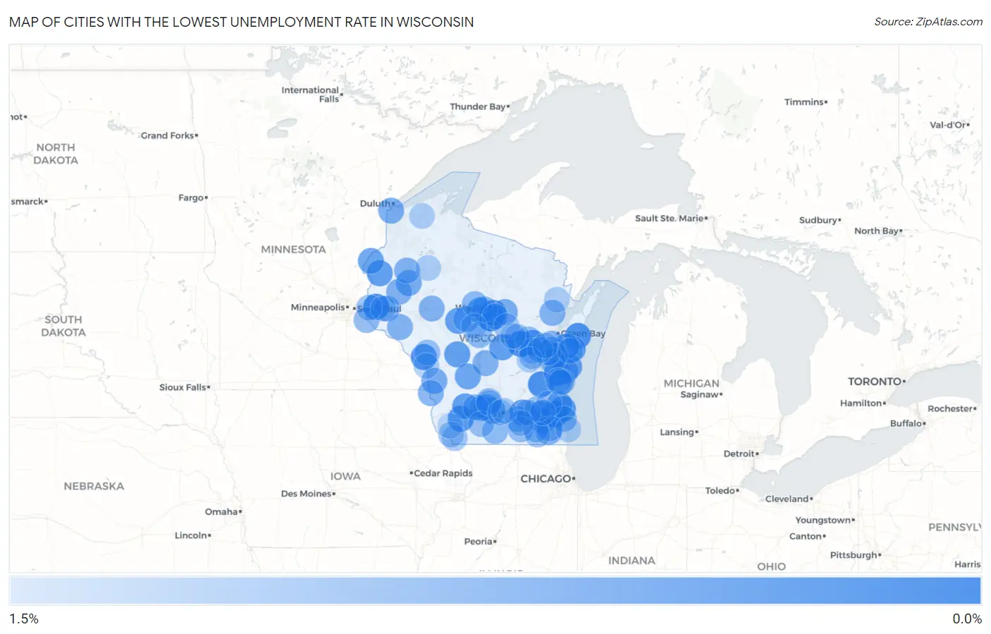 Cities with the Lowest Unemployment Rate in Wisconsin Map