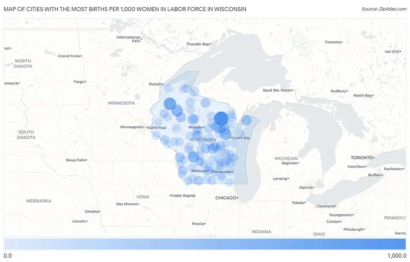 Cities with the Most Births per 1,000 Women in Labor Force in Wisconsin Map