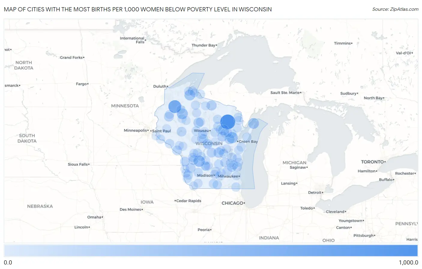 Cities with the Most Births per 1,000 Women Below Poverty Level in Wisconsin Map