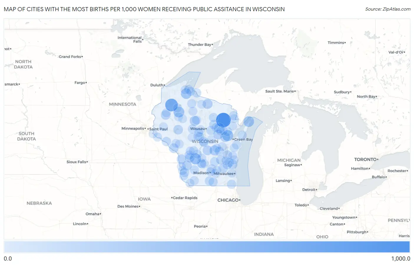 Cities with the Most Births per 1,000 Women Receiving Public Assitance in Wisconsin Map