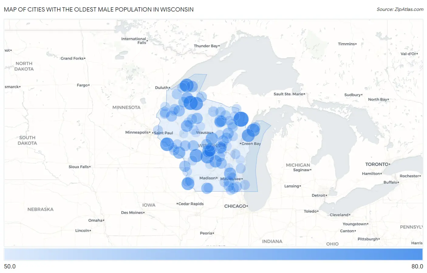 Cities with the Oldest Male Population in Wisconsin Map