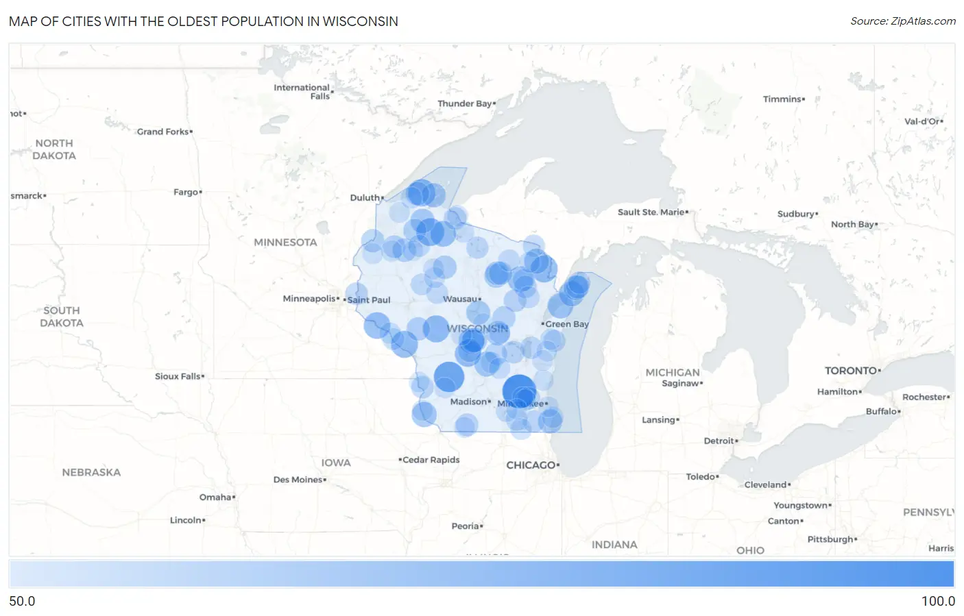 Cities with the Oldest Population in Wisconsin Map