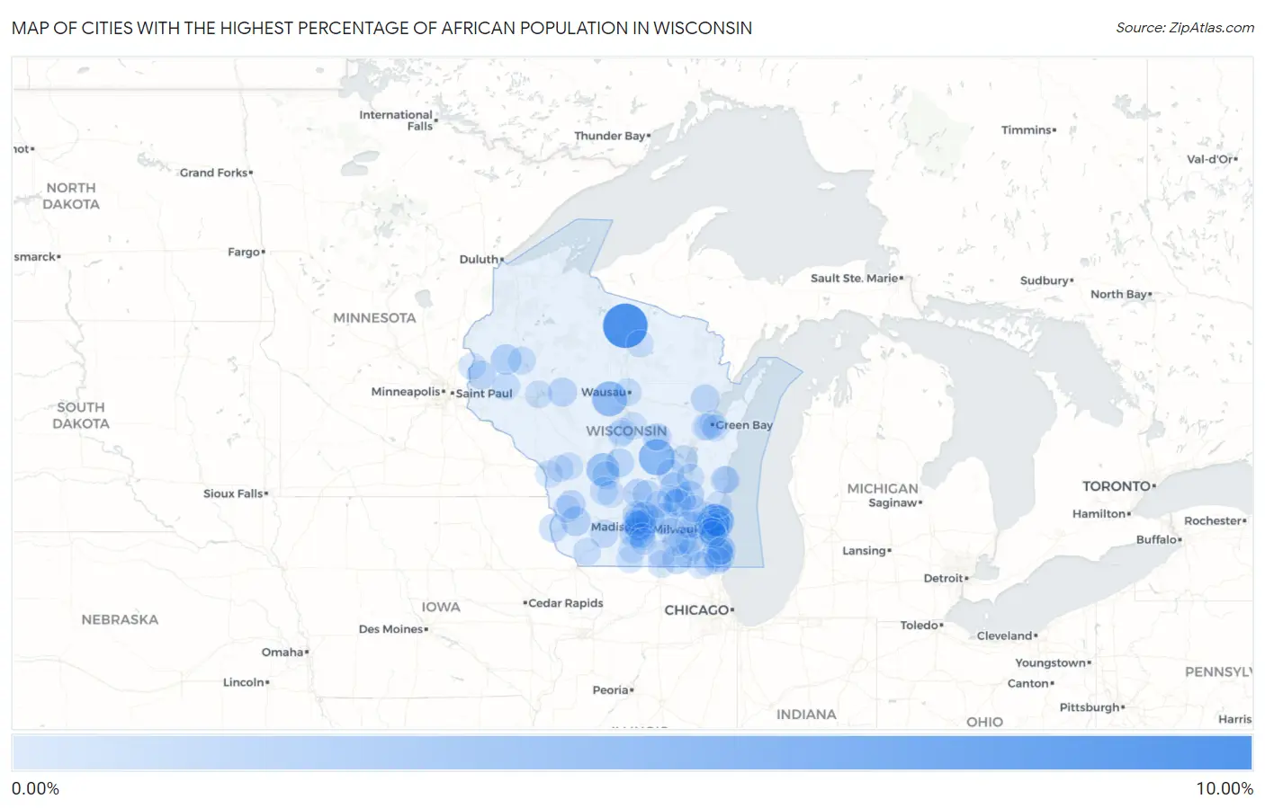 Cities with the Highest Percentage of African Population in Wisconsin Map