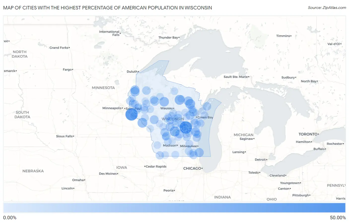 Cities with the Highest Percentage of American Population in Wisconsin Map