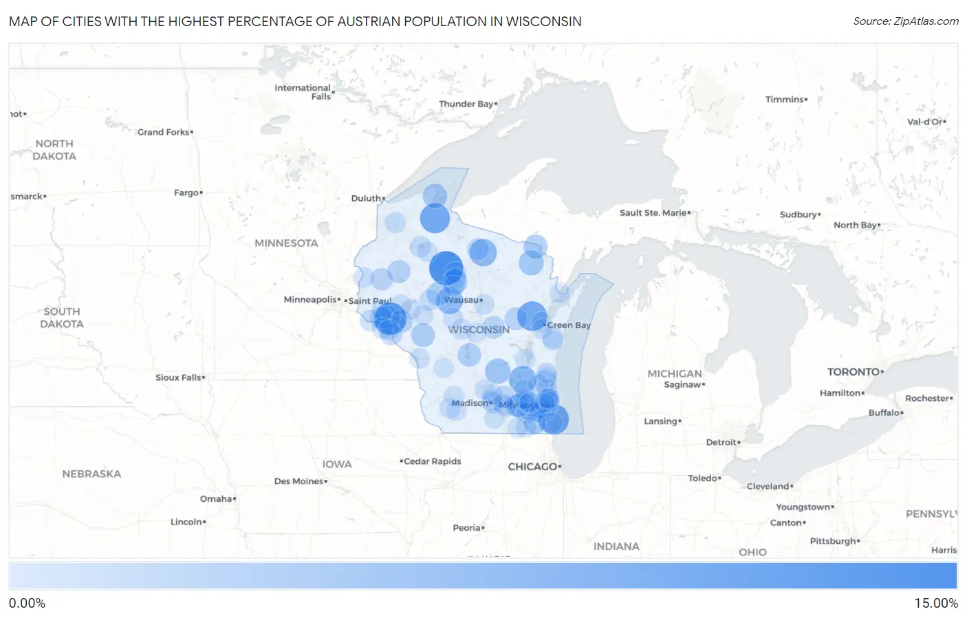 Cities with the Highest Percentage of Austrian Population in Wisconsin Map