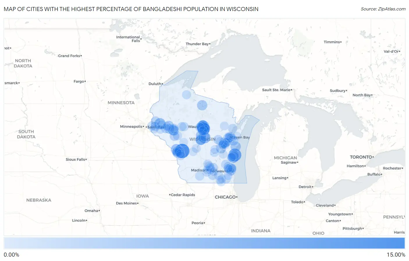 Cities with the Highest Percentage of Bangladeshi Population in Wisconsin Map