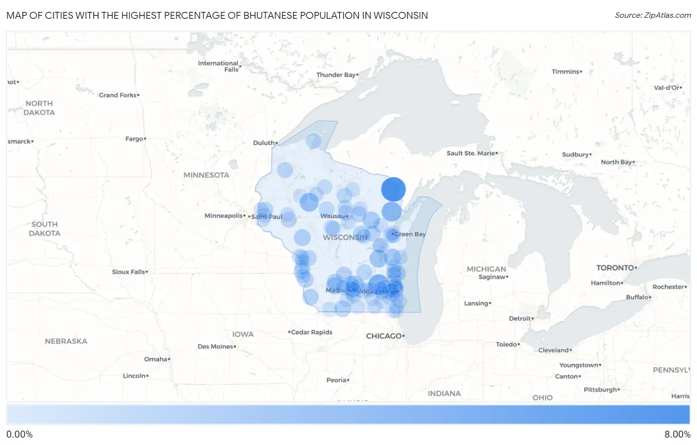 Cities with the Highest Percentage of Bhutanese Population in Wisconsin Map