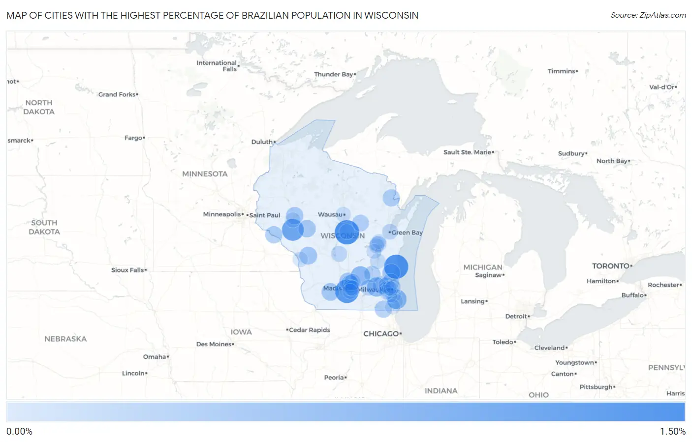 Cities with the Highest Percentage of Brazilian Population in Wisconsin Map