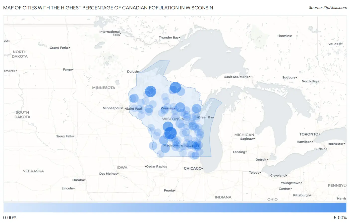 Cities with the Highest Percentage of Canadian Population in Wisconsin Map