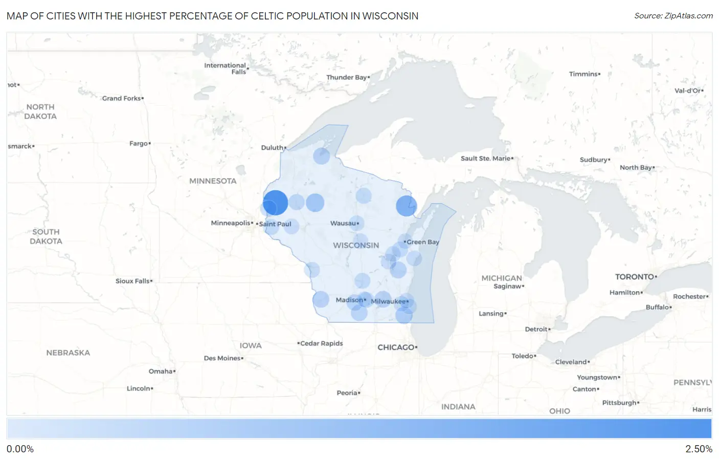 Cities with the Highest Percentage of Celtic Population in Wisconsin Map