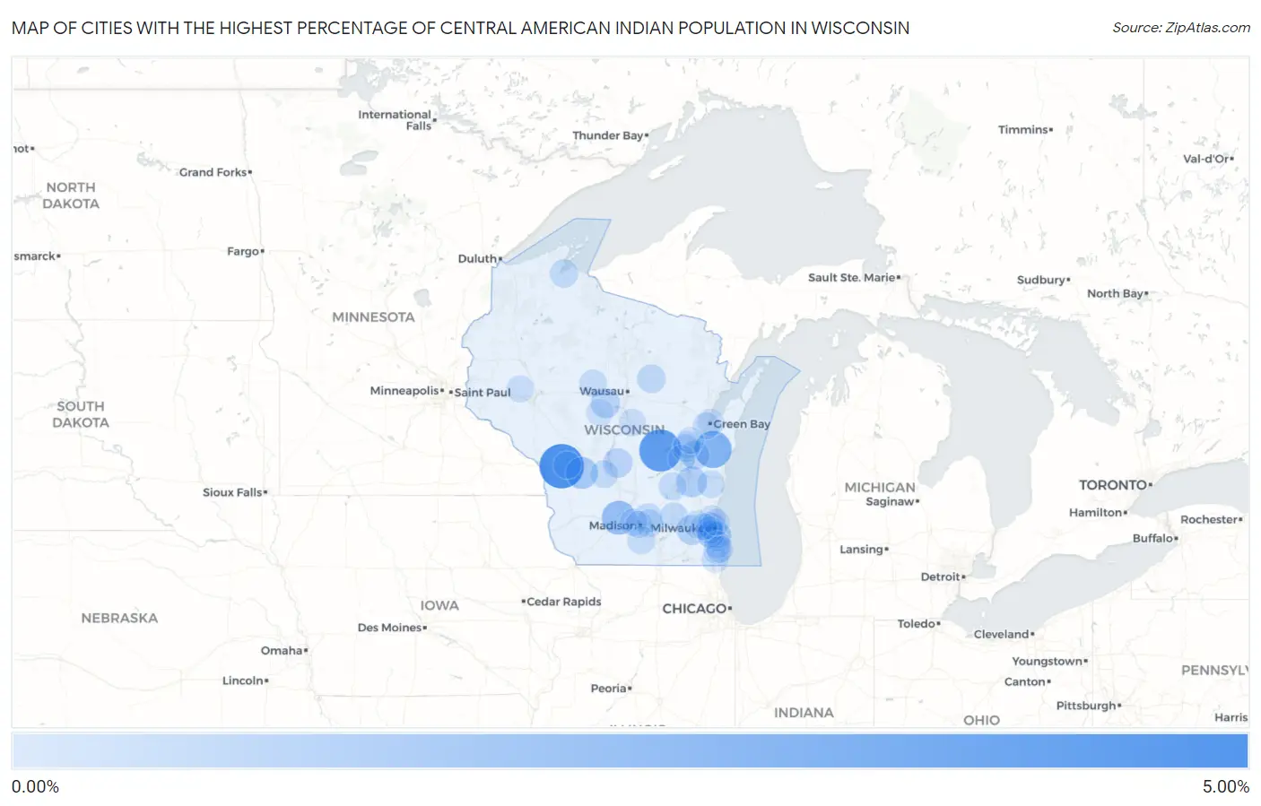 Cities with the Highest Percentage of Central American Indian Population in Wisconsin Map